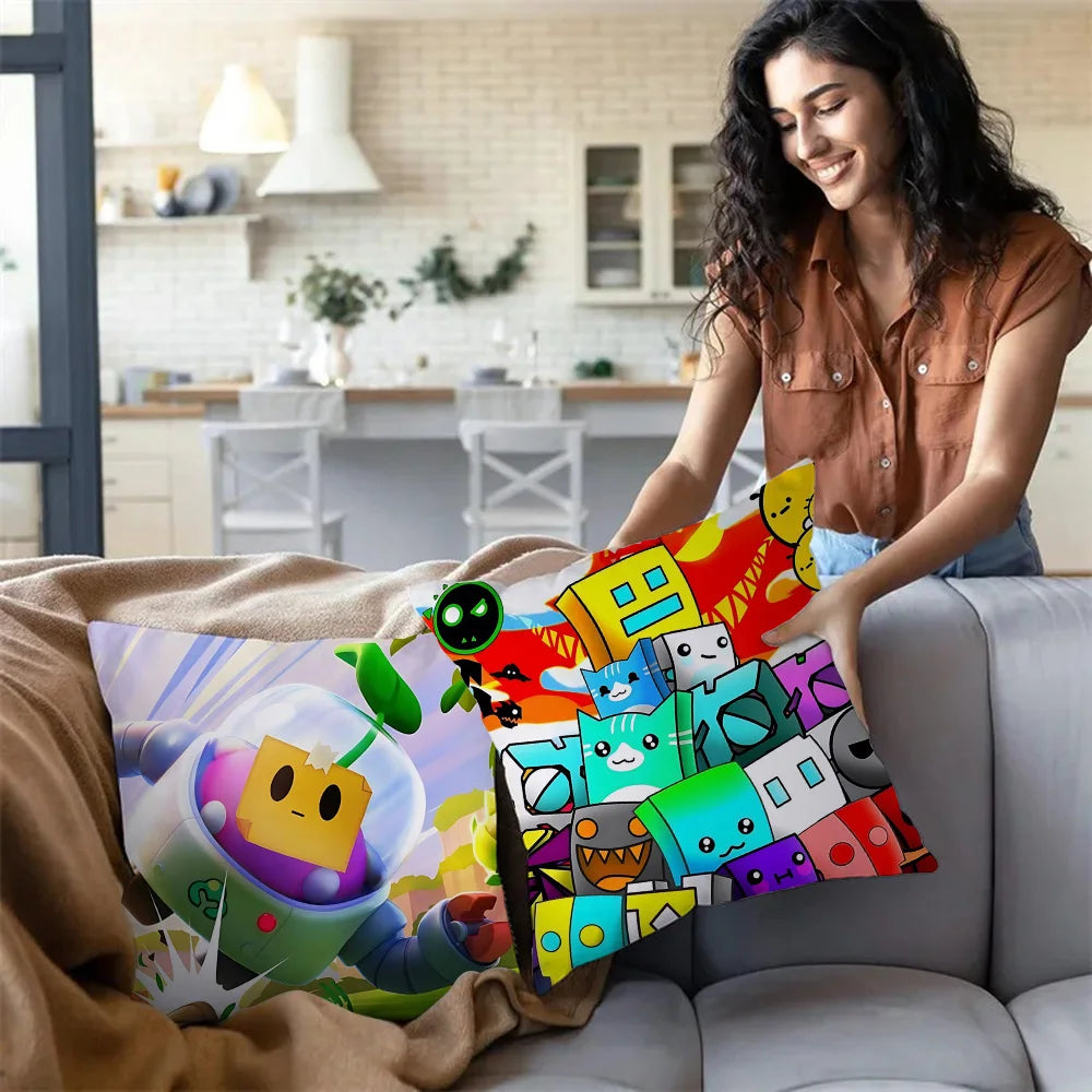 Pillow Covers Cartoon Geometry Dash Video Game Sofa Decorative Home Double-sided Printing Short Plush Cute Cushion Cover