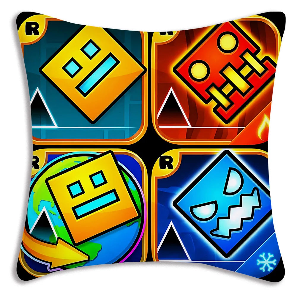 Pillow Covers Cartoon Geometry Dash Video Game Sofa Decorative Home Double-sided Printing Short Plush Cute Cushion Cover
