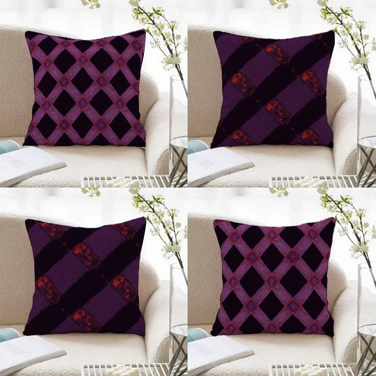 4-Piece Luxurious Purple Plaid Pattern Pillow Covers, Modern Home Decoration, Add Fashion, Enhance Home Atmosphere, Suitable for