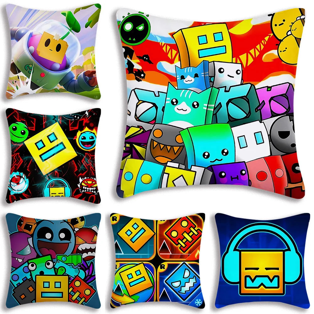 Pillow Covers Cartoon Geometry Dash Video Game Sofa Decorative Home Double-sided Printing Short Plush Cute Cushion Cover