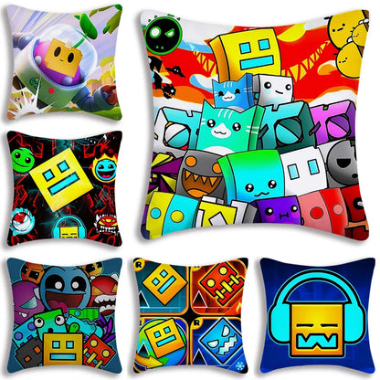 Pillow Covers Cartoon Geometry Dash Video Game Sofa Decorative Home Double-sided Printing Short Plush Cute Cushion Cover