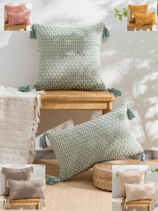 Braided plaid bohemian-style throw pillow and lumbar pillow covers for living rooms, bedrooms and cars.