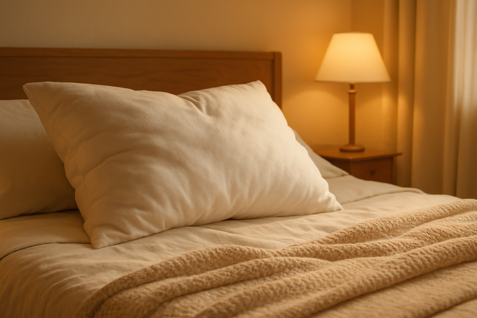 Generate an image where the pillow and comfort meet. It should be set in a bedroom, with the pillow being the focal point and the central message of the image.
