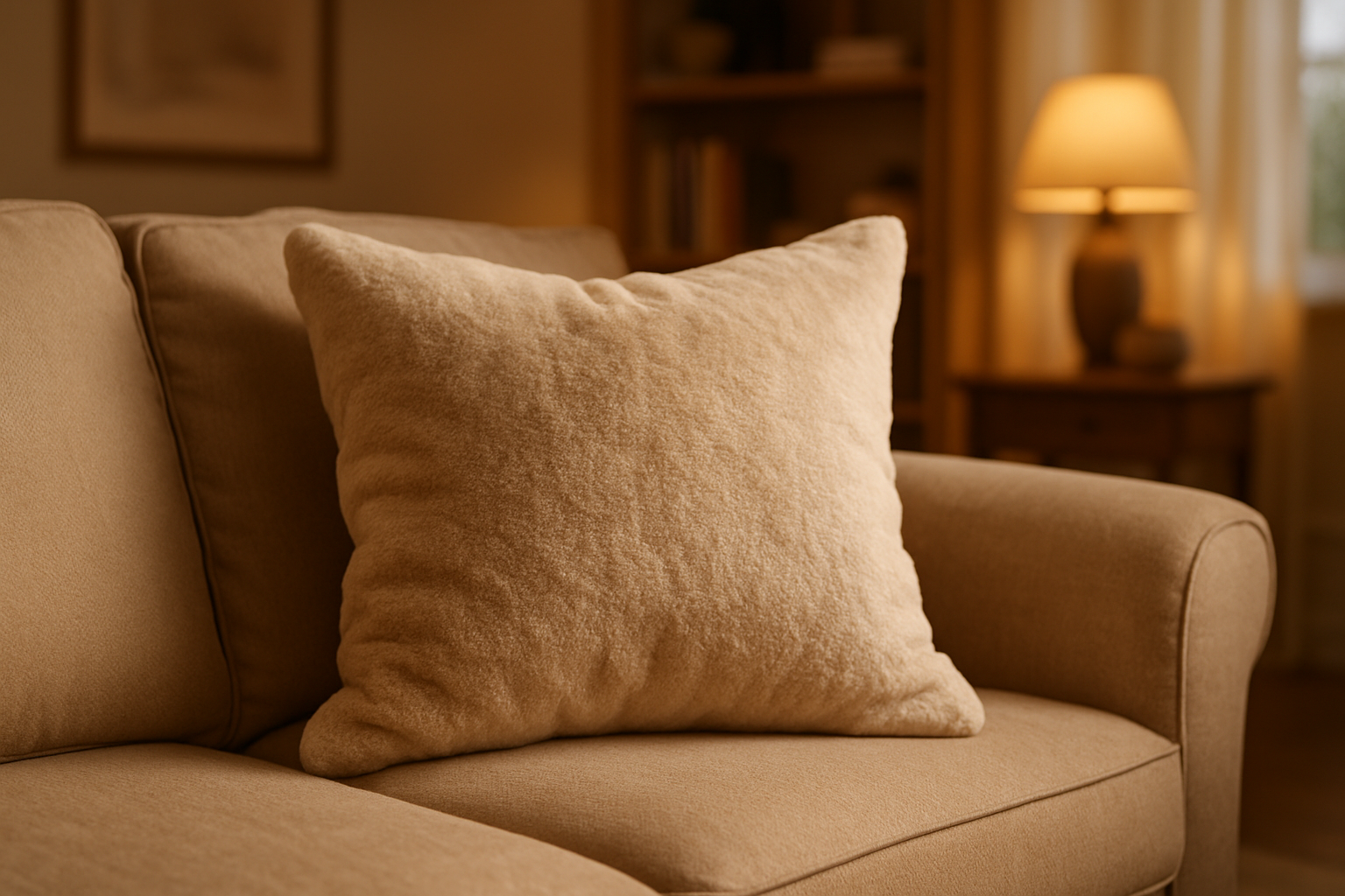 Generate an image where the pillow and comfort meet. It should be set in a living room on a sofa, with the pillow being the focal point and the central message of the image.
